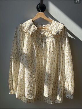 MNG Mango Cottagecore Floral Prairie Blouse Peter Pan Collar Boho Farmhouse Top